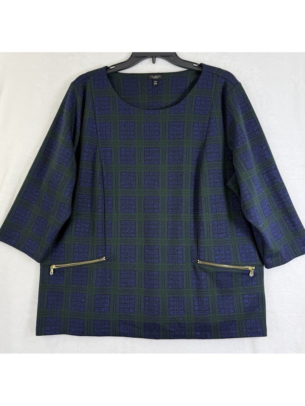 Talbots Top 2XP 3/4 Sleeve Blue Green Plaid 2X Petite Womens Plus Size Metallic